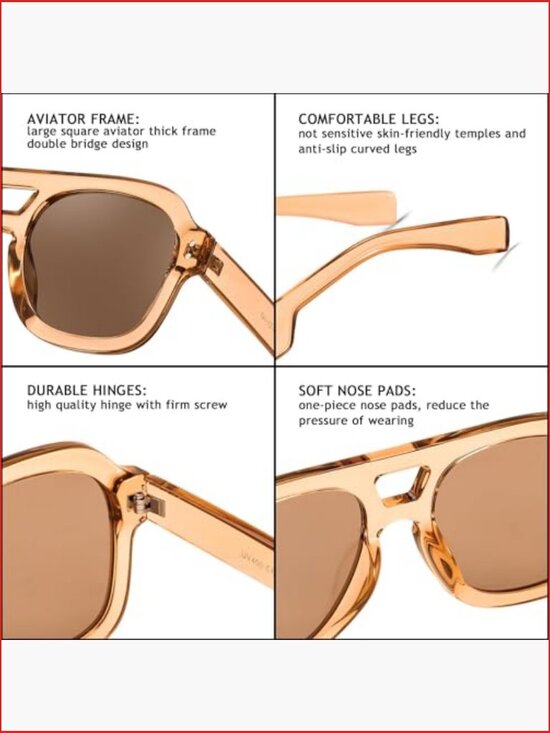 Vintage Aviator Sunglasses Double Bridge Large Square Thick Frame UV400